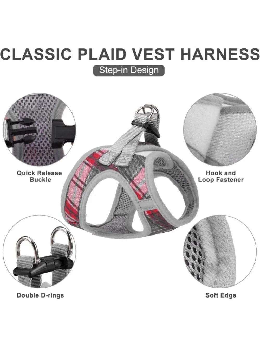 Soft Padded Plaid Dog Harness & Leash Set - No Pull, Reflective, AirTag Holder